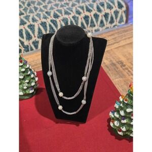 Bancroft Layered Chain Necklace Faux Pearl Rhinestone Silver Tone Women